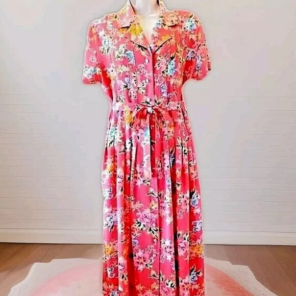 Vintage Pink Floral Rayon Midi Day Nap Dress by Katrina Size 10 - Picture 1 of 11